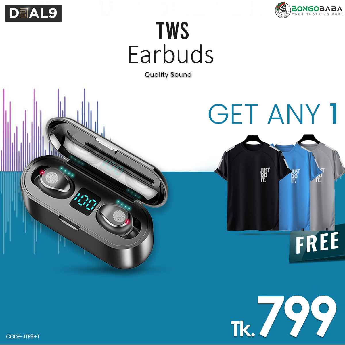 TWS Earbuds With Free  Premium Tshirt  JTF9+T