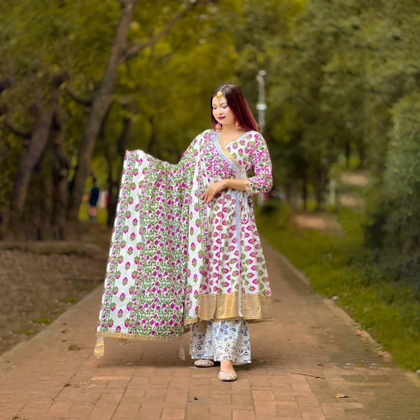Angarakha Premium Cotton Three Piece (White and Pink Print) APCTP-WPP