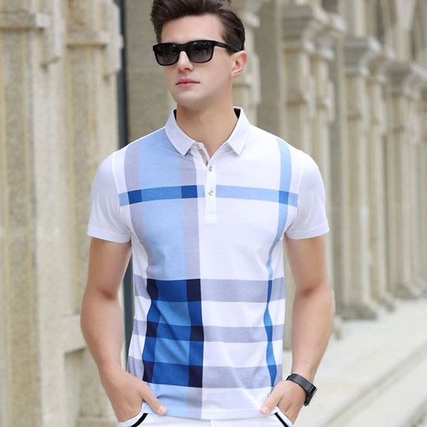 PK Polyester Polo Short Sleeve T-Shirt for Men (White and blue step) PPt-sWBS-13