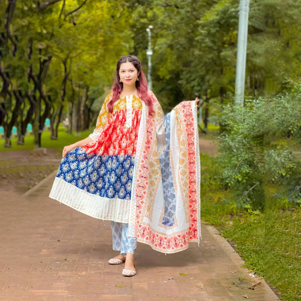 Pure Cotton Sada Bahar Three Piece (Yellow, Red and Blue) PCSBTP-YRB-04