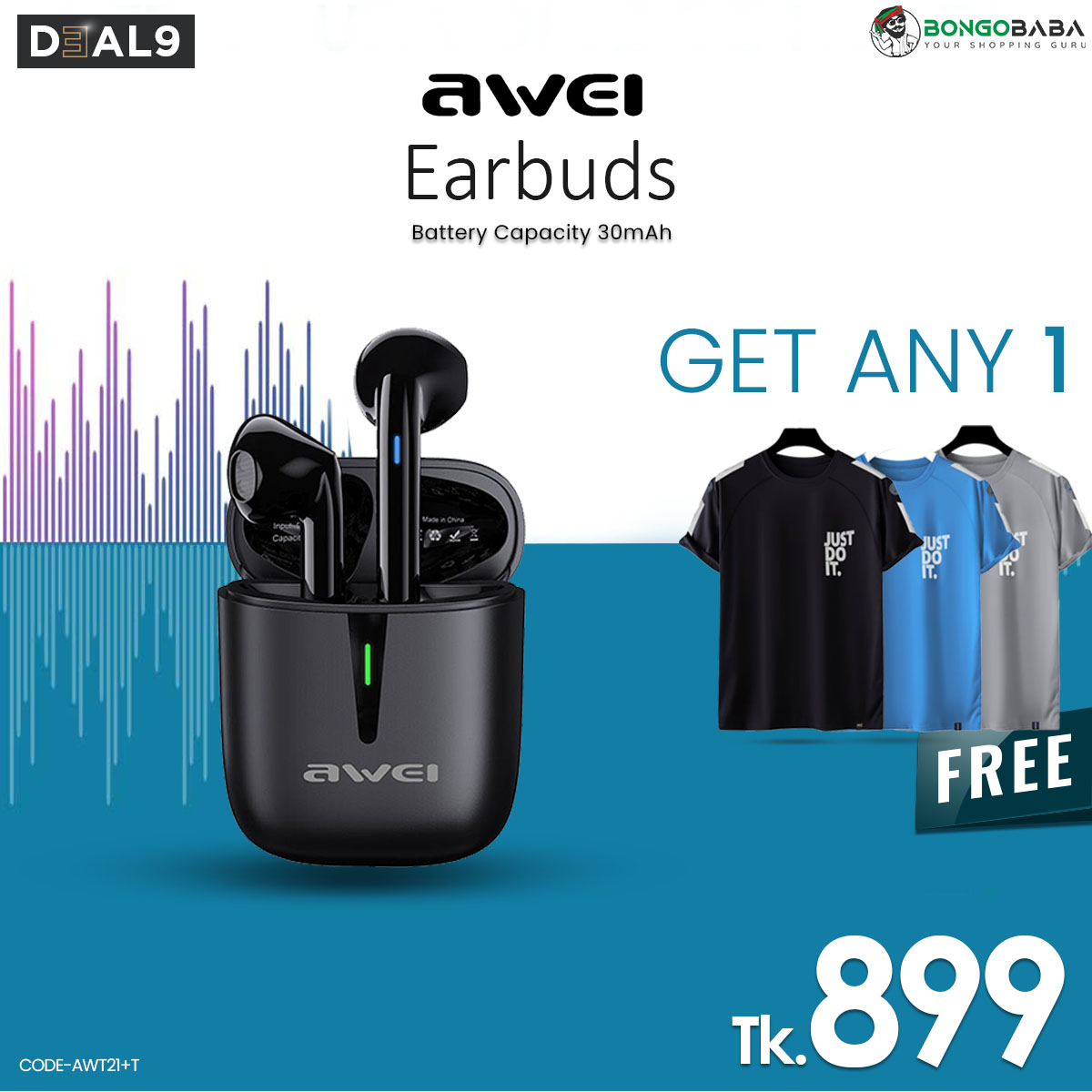 Awei Earbuds With Free  Premium Tshirt  AWT21+T